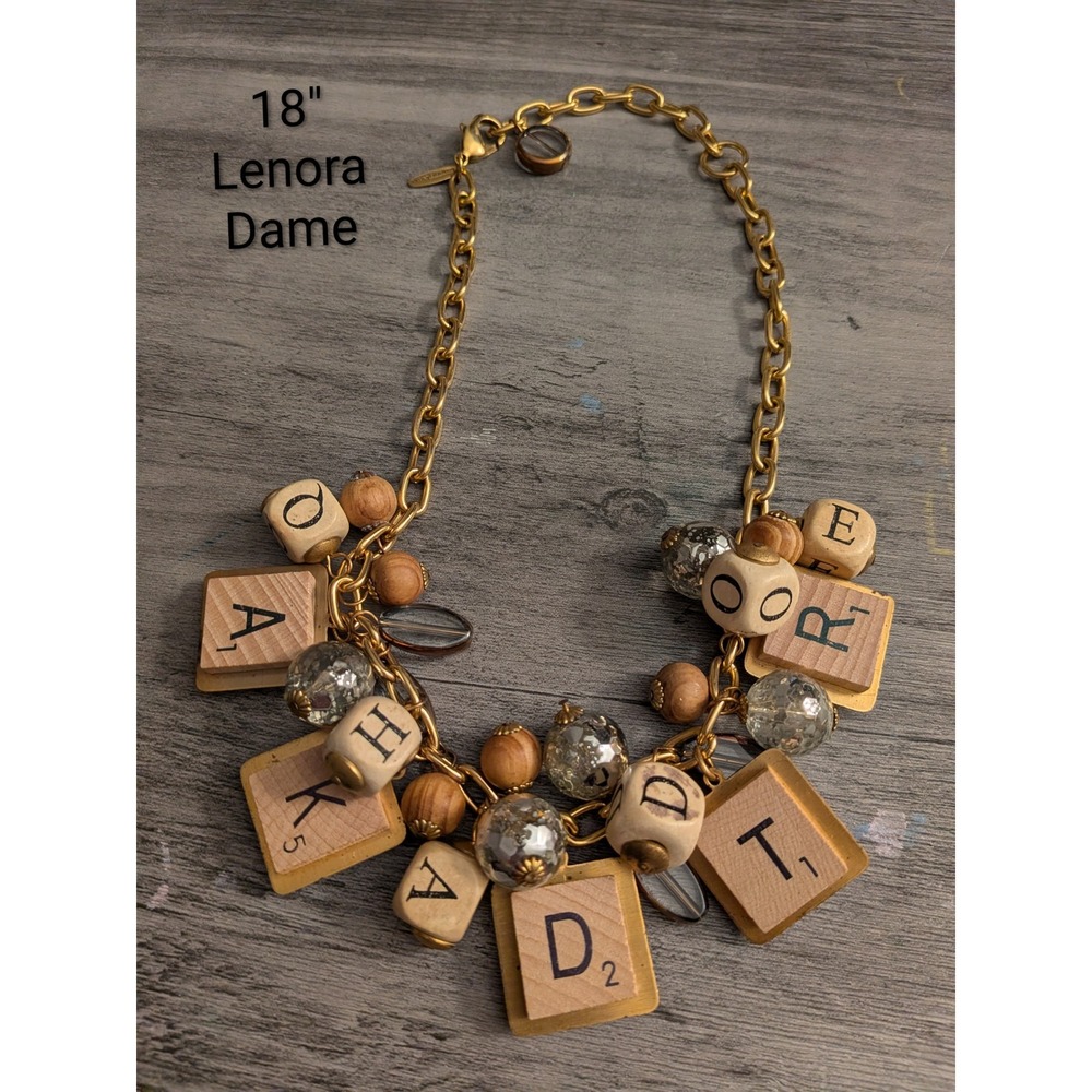 Lenora Dame Womens Gold Tone Scrabble Tile Wooden Block Charm Necklace 18 Inch
